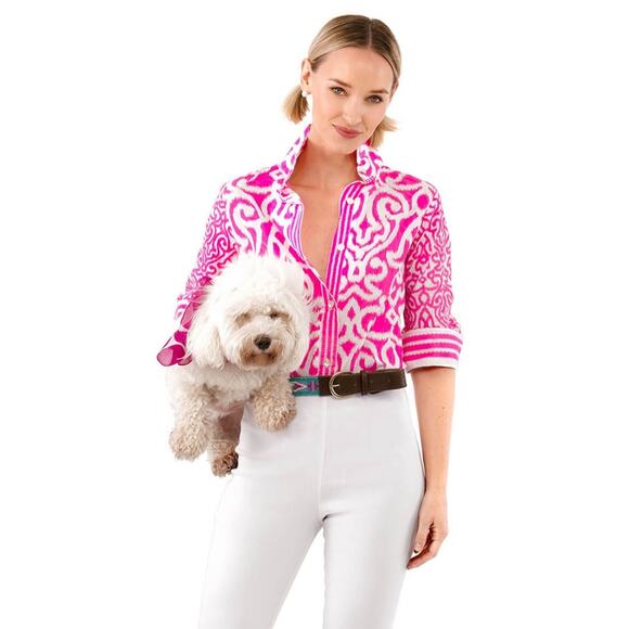 Gretchen Scott Designs Tops - Gretchen Scott Women’s Large Pink Arabesque Ikat Print Boyfriend Shirt